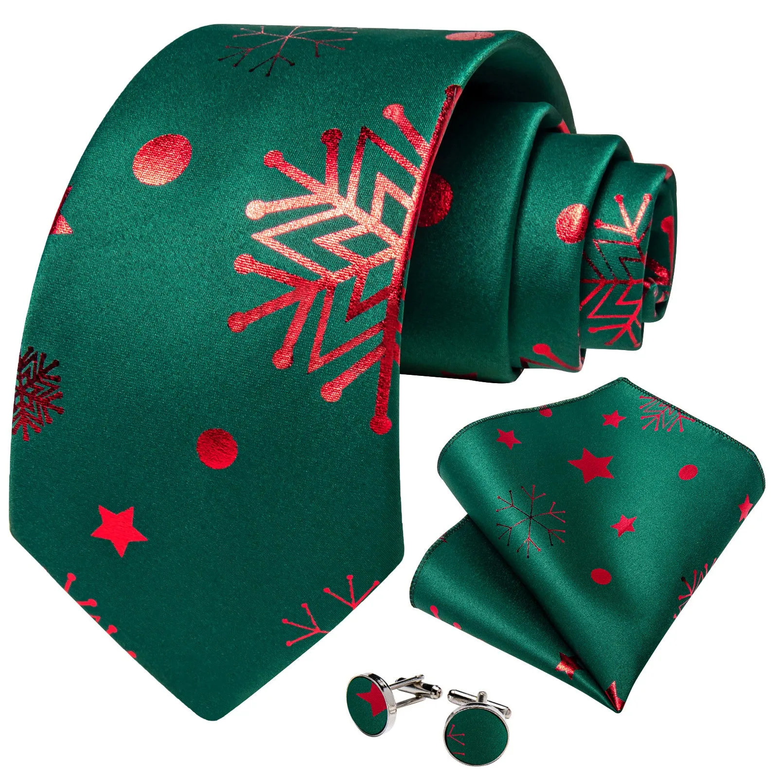 Ties2you Christmas Necktie Hunter Green Snowflake Tie Handkerchief Cufflinks Set sold by Ties2You product image thumbnail 2