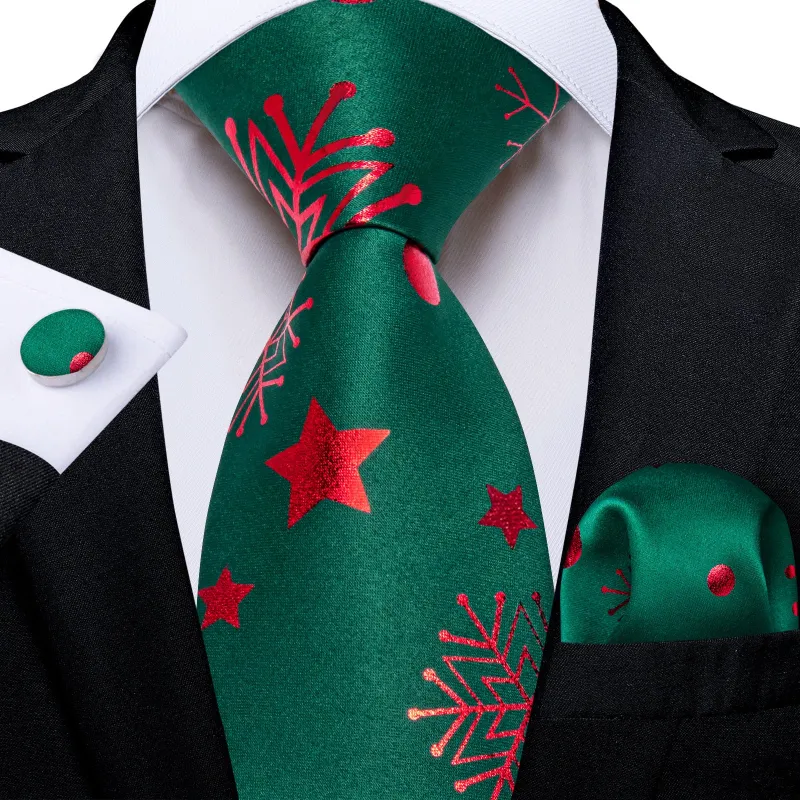 Ties2you Christmas Necktie Hunter Green Snowflake Tie Handkerchief Cufflinks Set sold by Ties2You