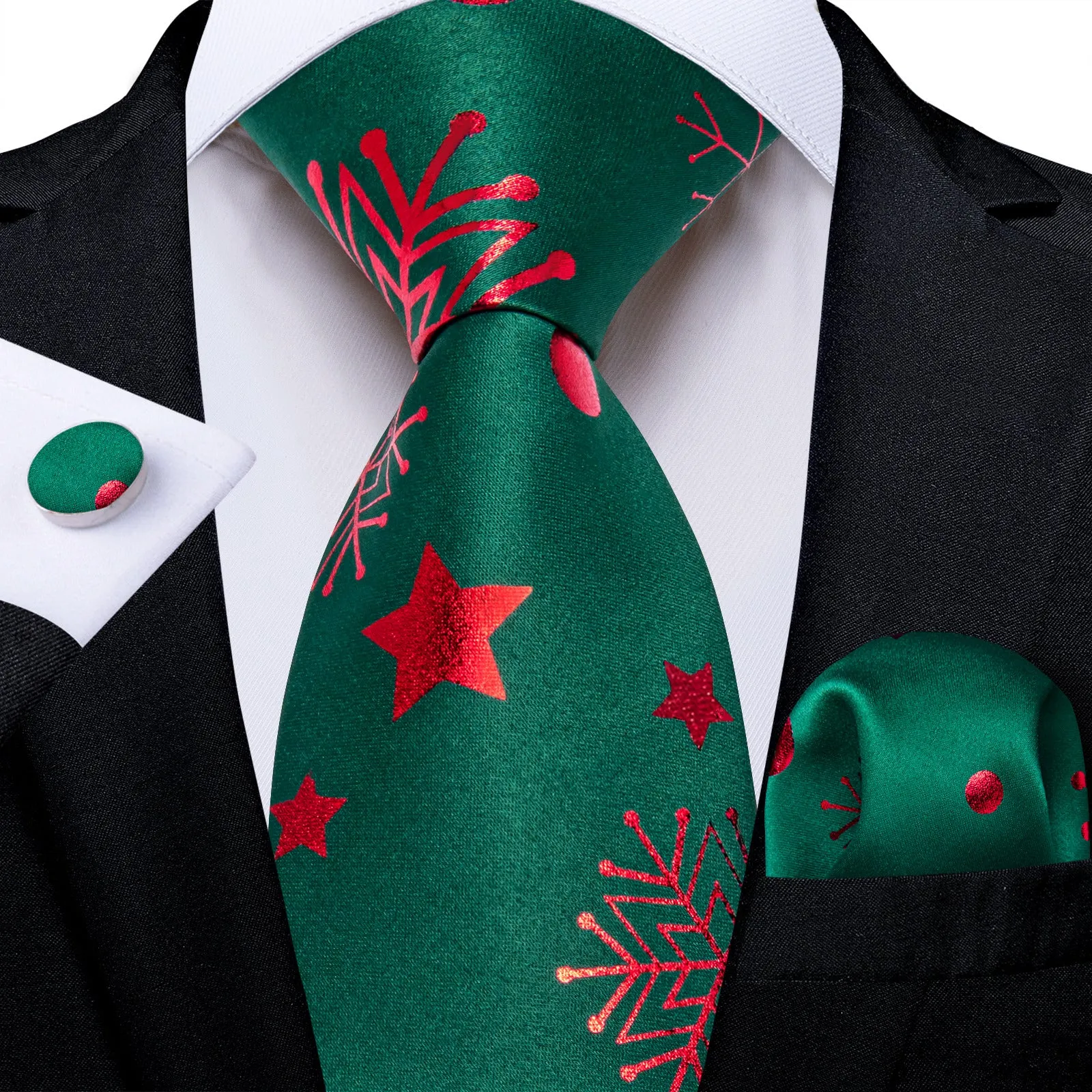 Ties2you Christmas Necktie Hunter Green Snowflake Tie Handkerchief Cufflinks Set sold by Ties2You