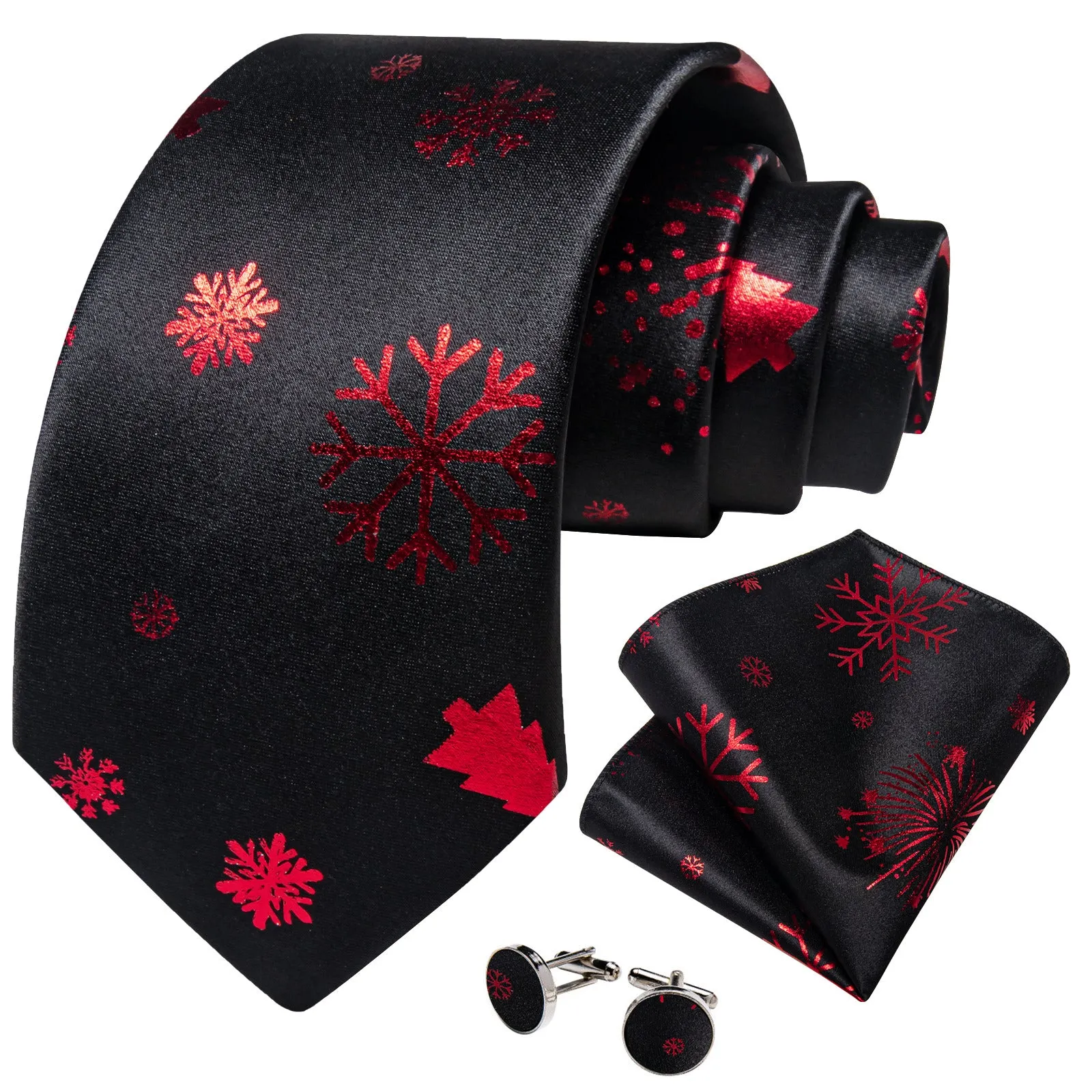 Ties2you Christmas Necktie Black Silk Snowflake Tie Handkerchief Cufflinks Set for Holiday sold by Ties2You product image thumbnail 2