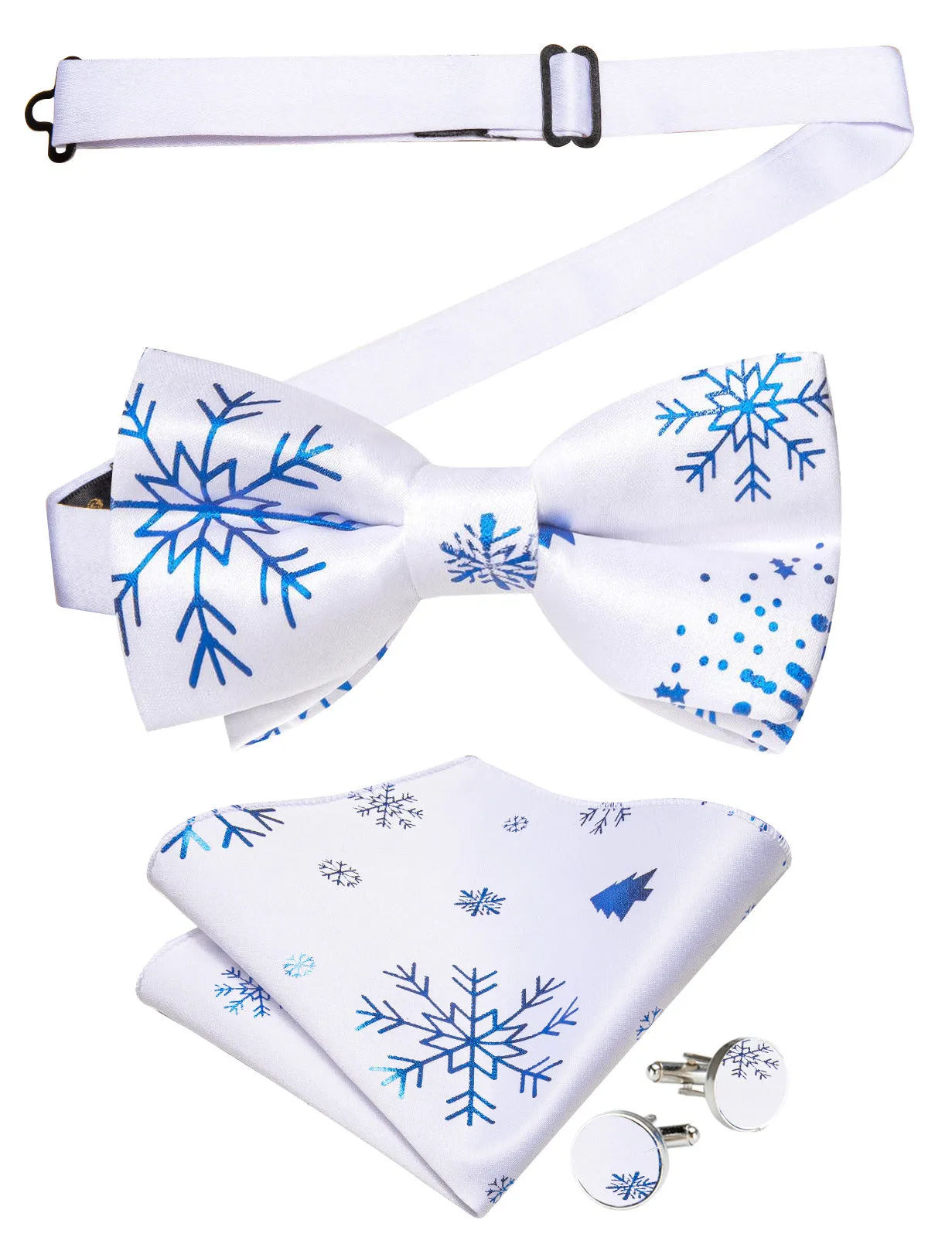 Ties2you Mens Pre-tied Christmas Bowtie White Snowflake Silk Bow Tie Pocket Square Cufflinks Set sold by Ties2You product image thumbnail 2