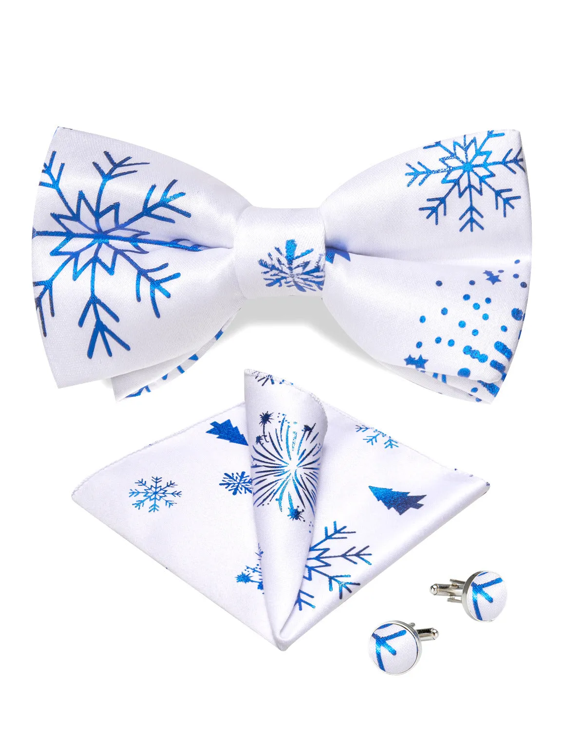 Ties2you Mens Pre-tied Christmas Bowtie White Snowflake Silk Bow Tie Pocket Square Cufflinks Set sold by Ties2You product image thumbnail 4
