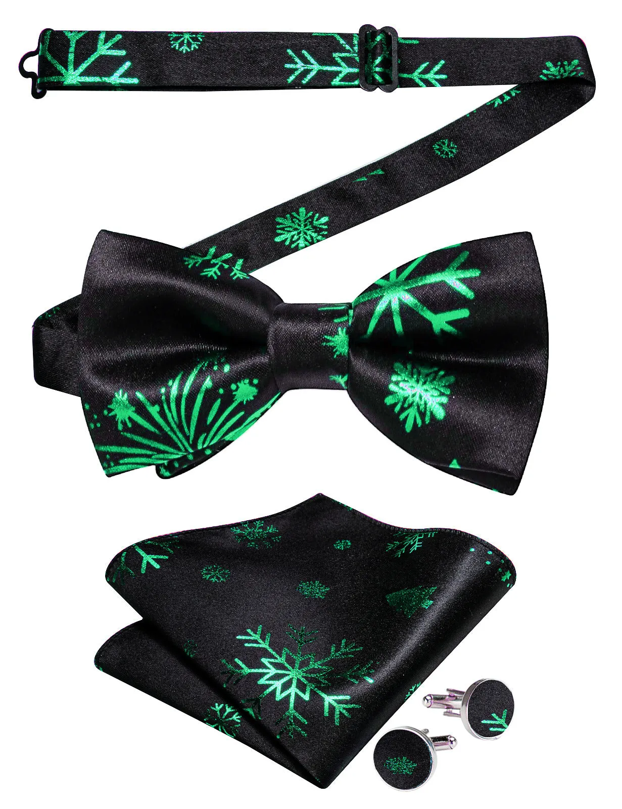 Ties2you Black Christmas Bowtie Snowflake Pre-tied Bow Tie Pocket Square Cufflinks Set sold by Ties2You product image thumbnail 2