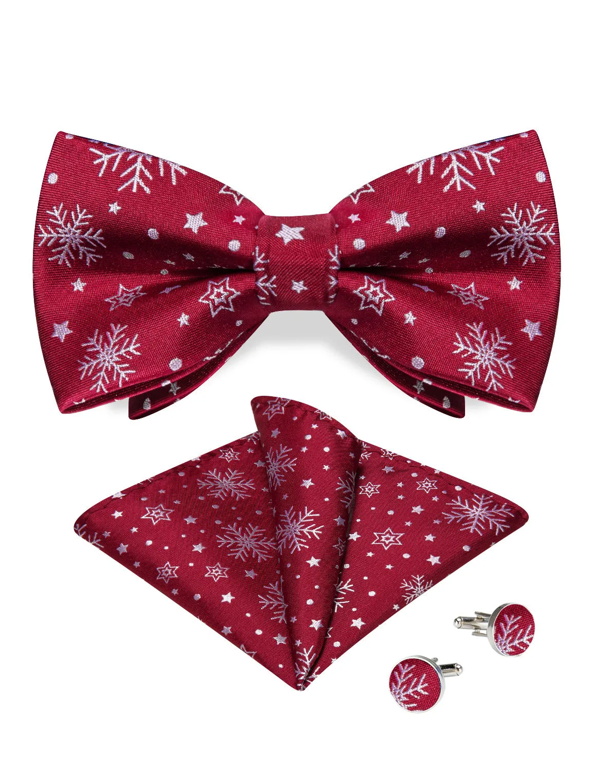 Ties2you Burgundy Snowflake Bow Tie Silk Christmas Pre-tied Bowtie Hanky Cufflinks Set for Party sold by Ties2You product image thumbnail 5