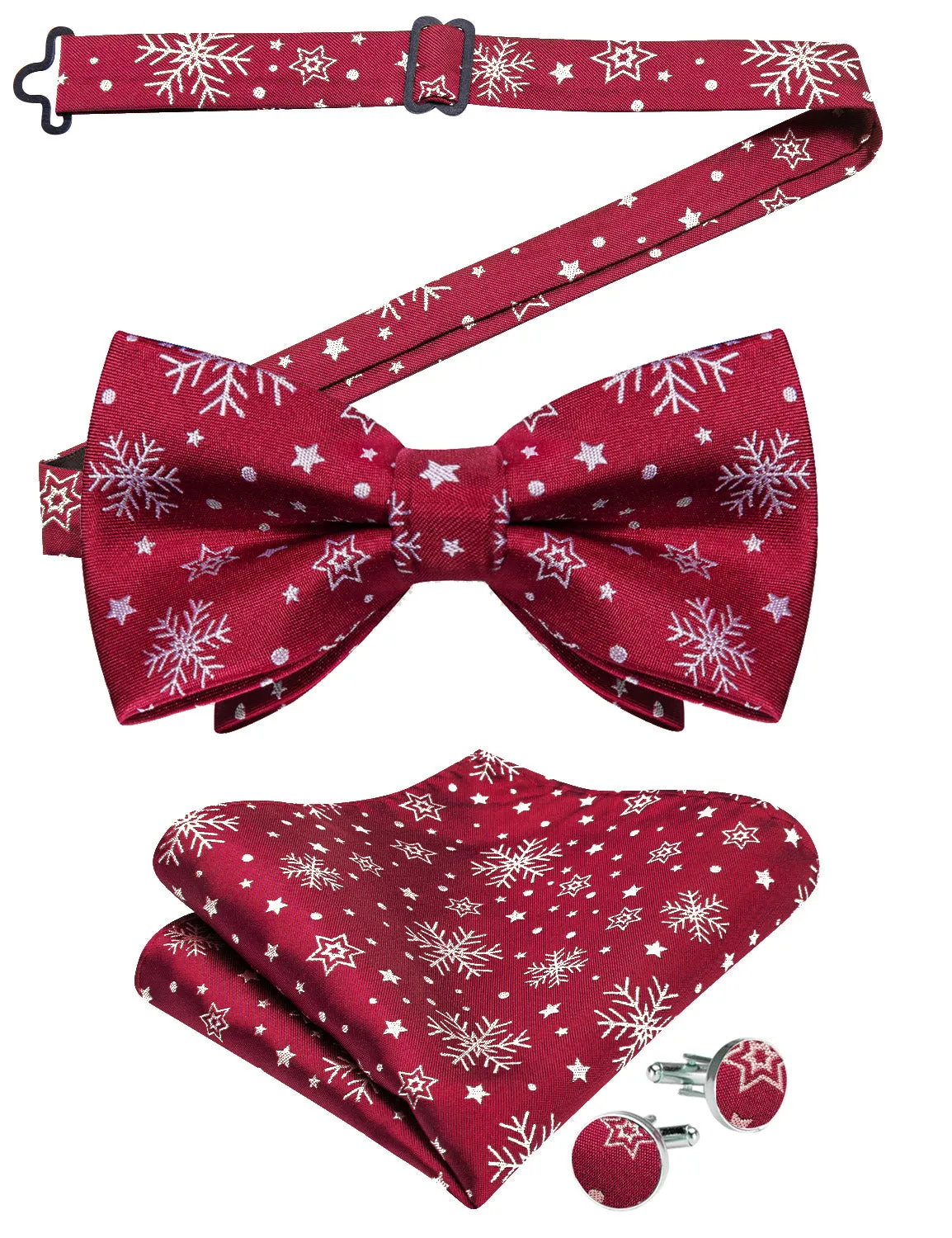 Ties2you Burgundy Snowflake Bow Tie Silk Christmas Pre-tied Bowtie Hanky Cufflinks Set for Party sold by Ties2You product image thumbnail 2