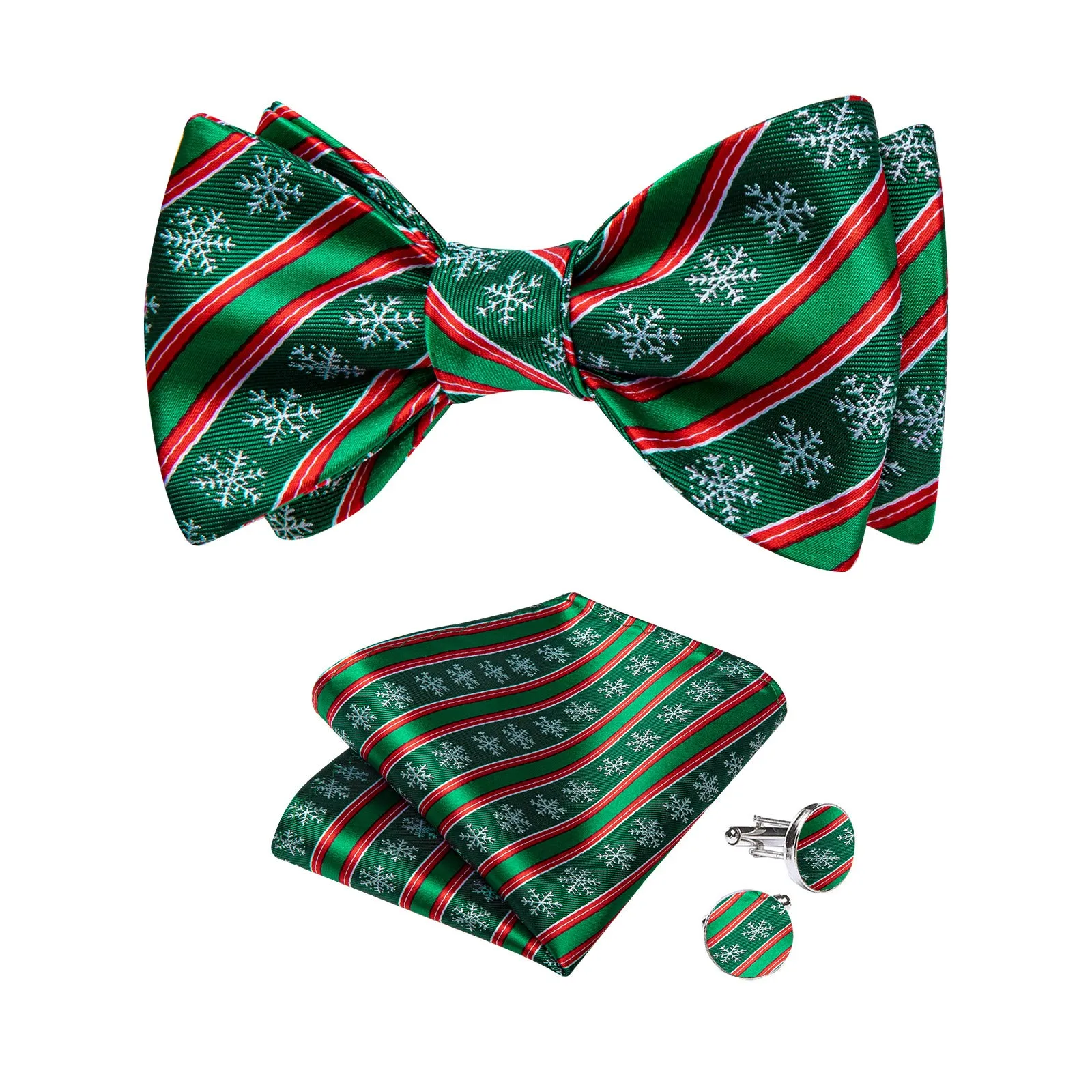 Ties2you Hunter Green Christmas Bow Tie Snowflake Mens Self-Tied Striped Bowtie Pocket Square Cufflinks Set sold by Ties2You product image thumbnail 2