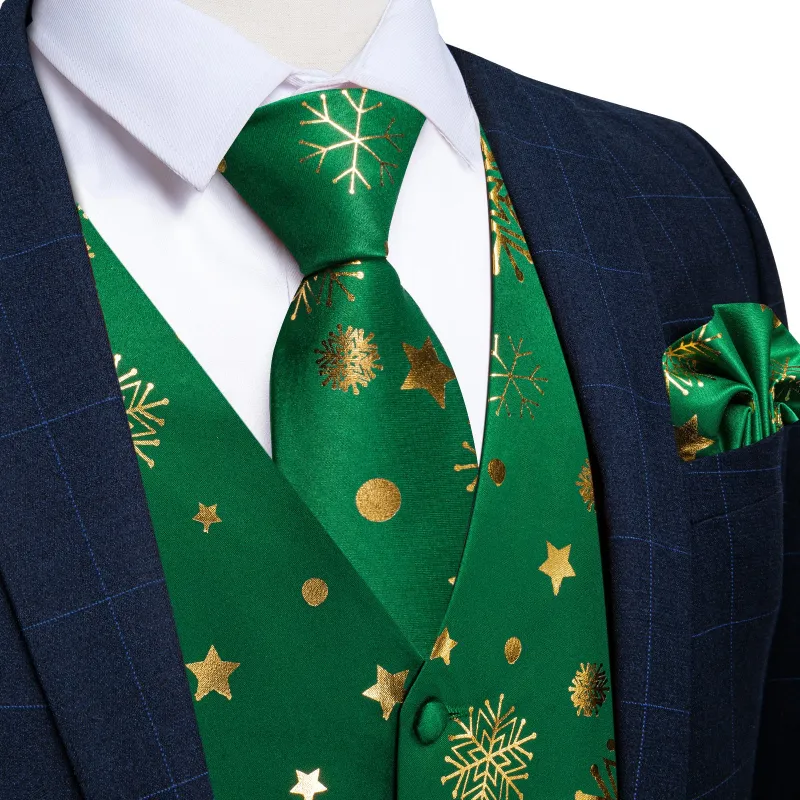 Ties2you Christmas Vest Mens Green Snowflake V-Neck Dress Waistcoat Necktie Pocket Square Cufflinks Set sold by Ties2You