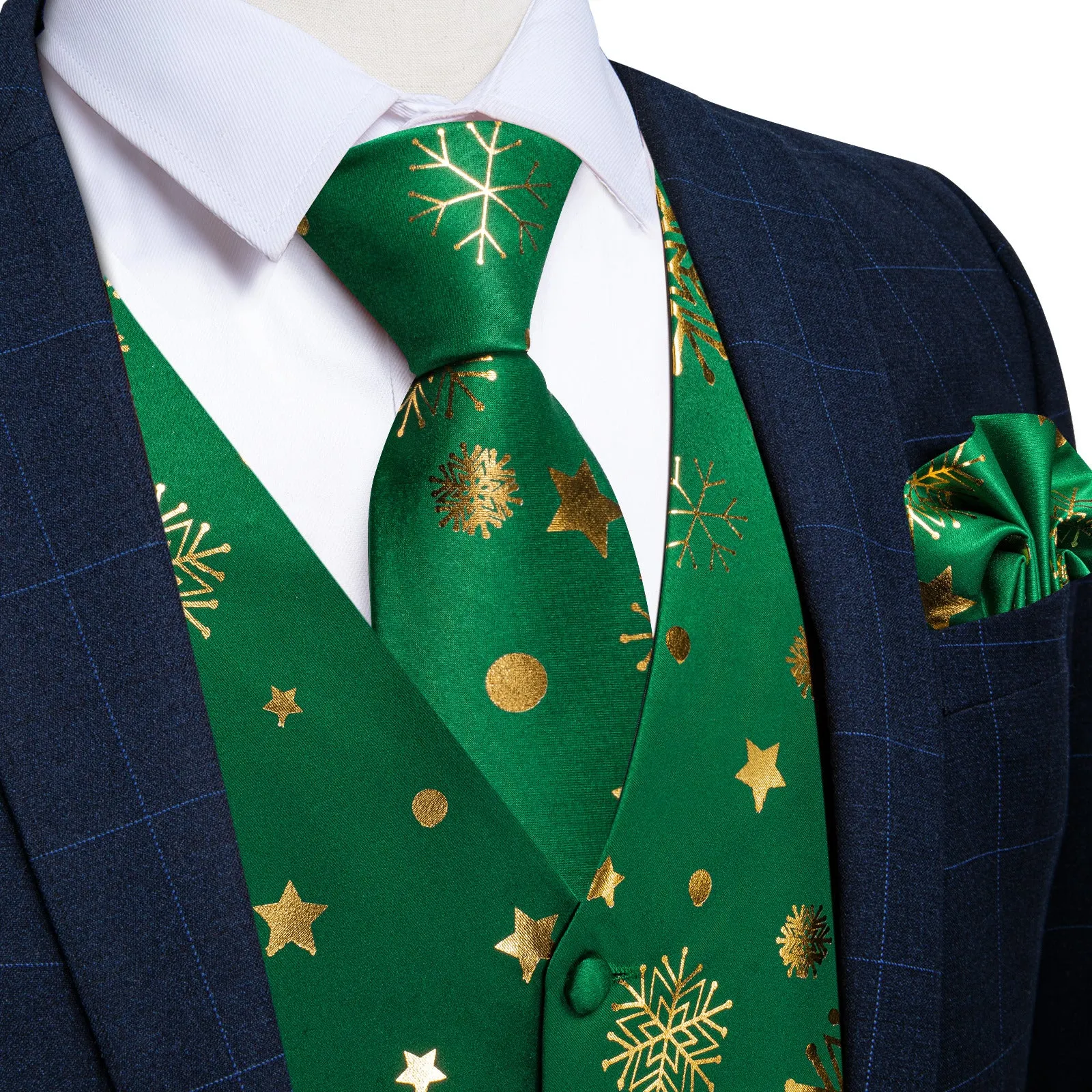 Ties2you Christmas Vest Mens Green Snowflake V-Neck Dress Waistcoat Necktie Pocket Square Cufflinks Set sold by Ties2You