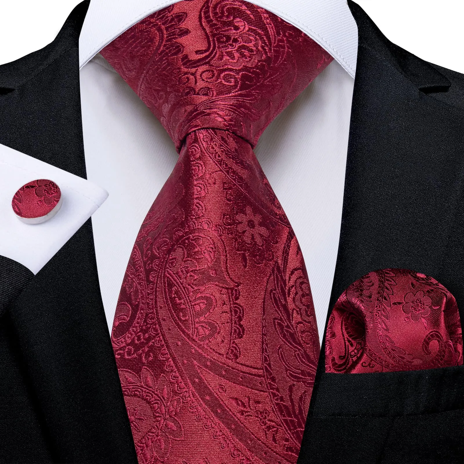 Thanks Deal Neck Tie Burgundy Paisley Silk Mens Dress Work Tie Handkerchief Cufflinks Set sold by Ties2You