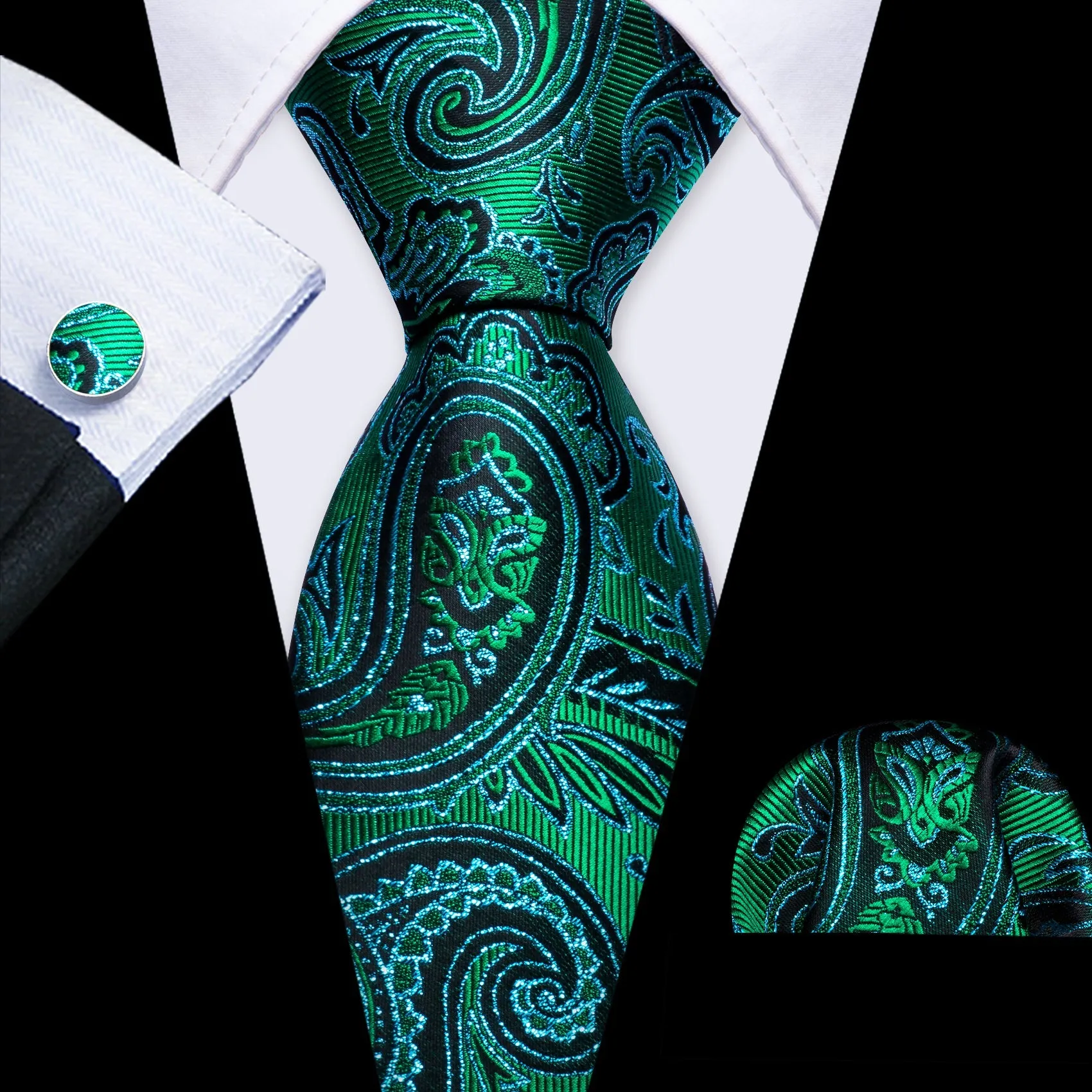 Thanks Deal Emerald Green Blue Floral Men's Necktie Pocket Square Cufflinks Set sold by Ties2You product image thumbnail 3