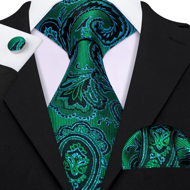 Thanks Deal Emerald Green Blue Floral Men's Necktie Pocket Square Cufflinks Set sold by Ties2You