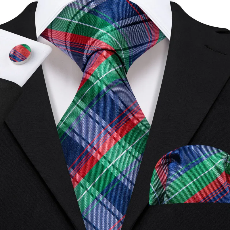 Thanks Deal Blue Red Green Plaid Men's Necktie Pocket Square Cufflinks Set sold by Ties2You