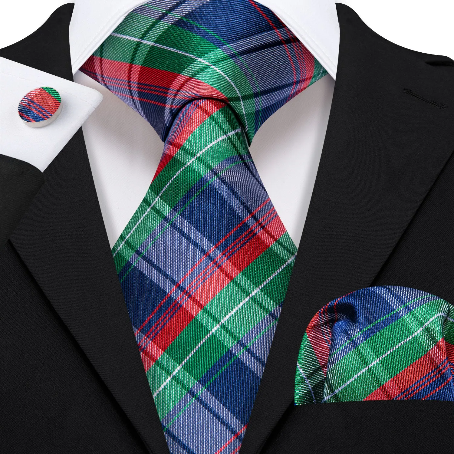 Thanks Deal Blue Red Green Plaid Men's Necktie Pocket Square Cufflinks Set sold by Ties2You
