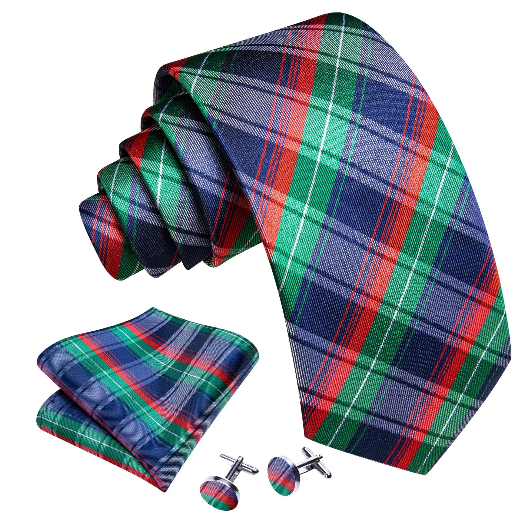 Thanks Deal Blue Red Green Plaid Men's Necktie Pocket Square Cufflinks Set sold by Ties2You product image thumbnail 5