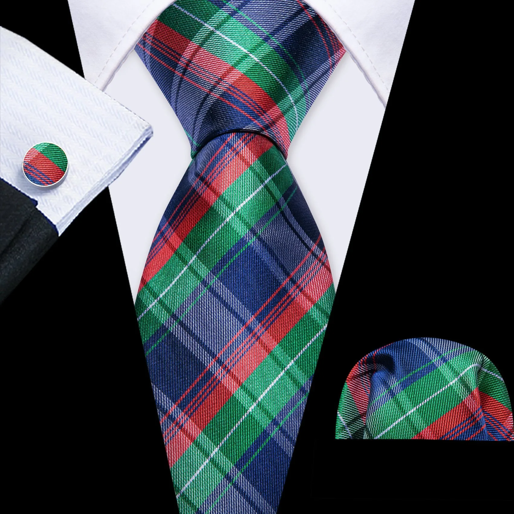 Thanks Deal Blue Red Green Plaid Men's Necktie Pocket Square Cufflinks Set sold by Ties2You product image thumbnail 2