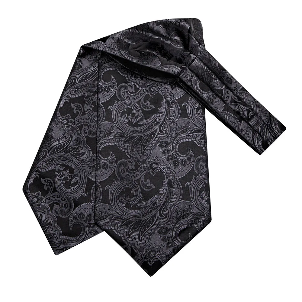 Ties2you Black Silver Paisley Silk Ascot Cravat Tie Pocket Square Cufflinks Set sold by Ties2You product image thumbnail 3