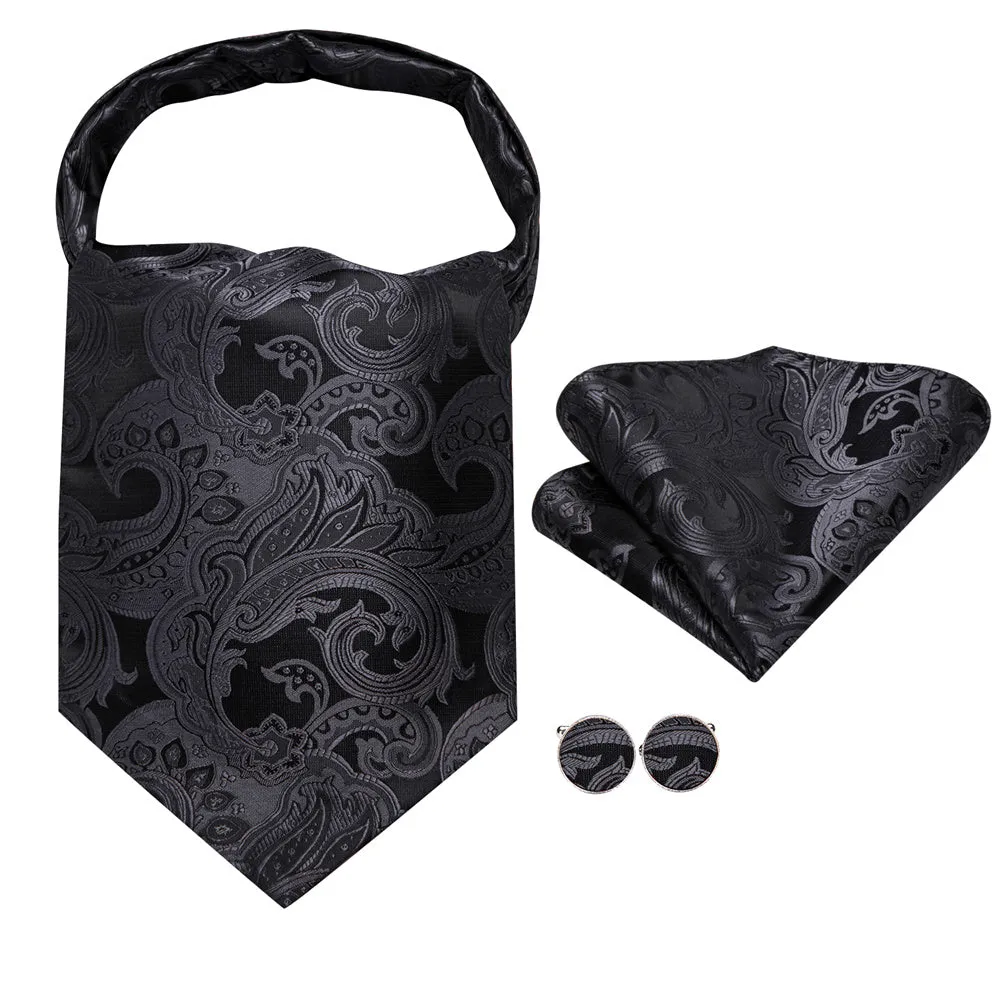 Ties2you Black Silver Paisley Silk Ascot Cravat Tie Pocket Square Cufflinks Set sold by Ties2You product image thumbnail 5
