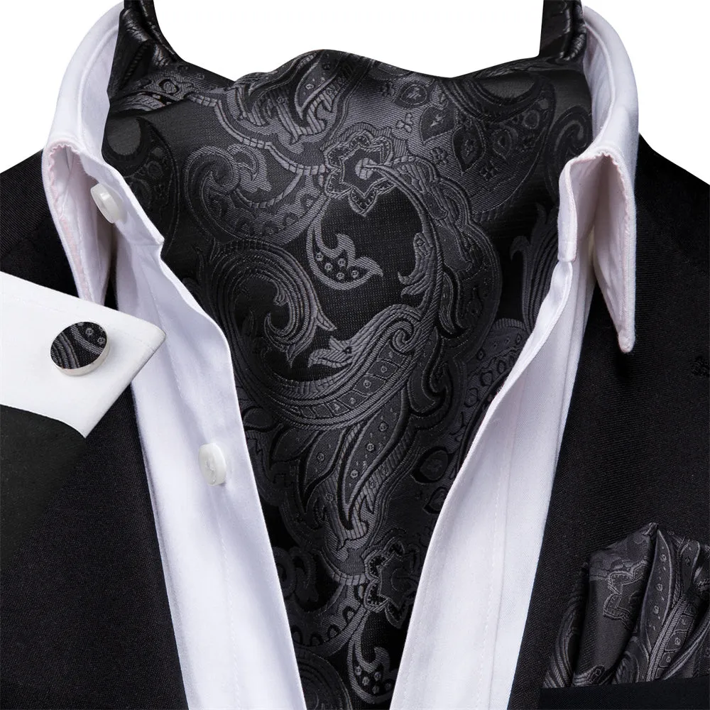 Ties2you Black Silver Paisley Silk Ascot Cravat Tie Pocket Square Cufflinks Set sold by Ties2You product image thumbnail 2