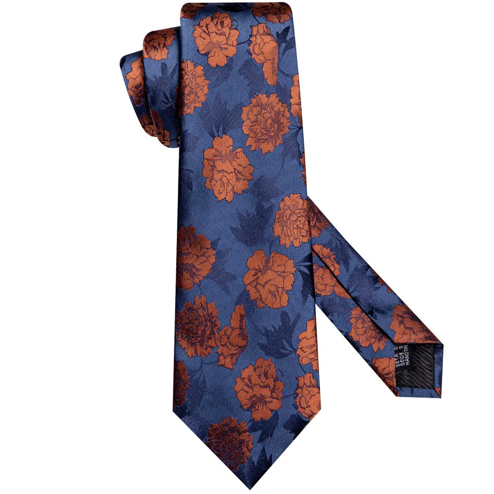 Ties2you Mens Burnt Orange Floral Tie Silk Blue Necktie Hanky Cufflinks Set sold by Ties2You product image thumbnail 4