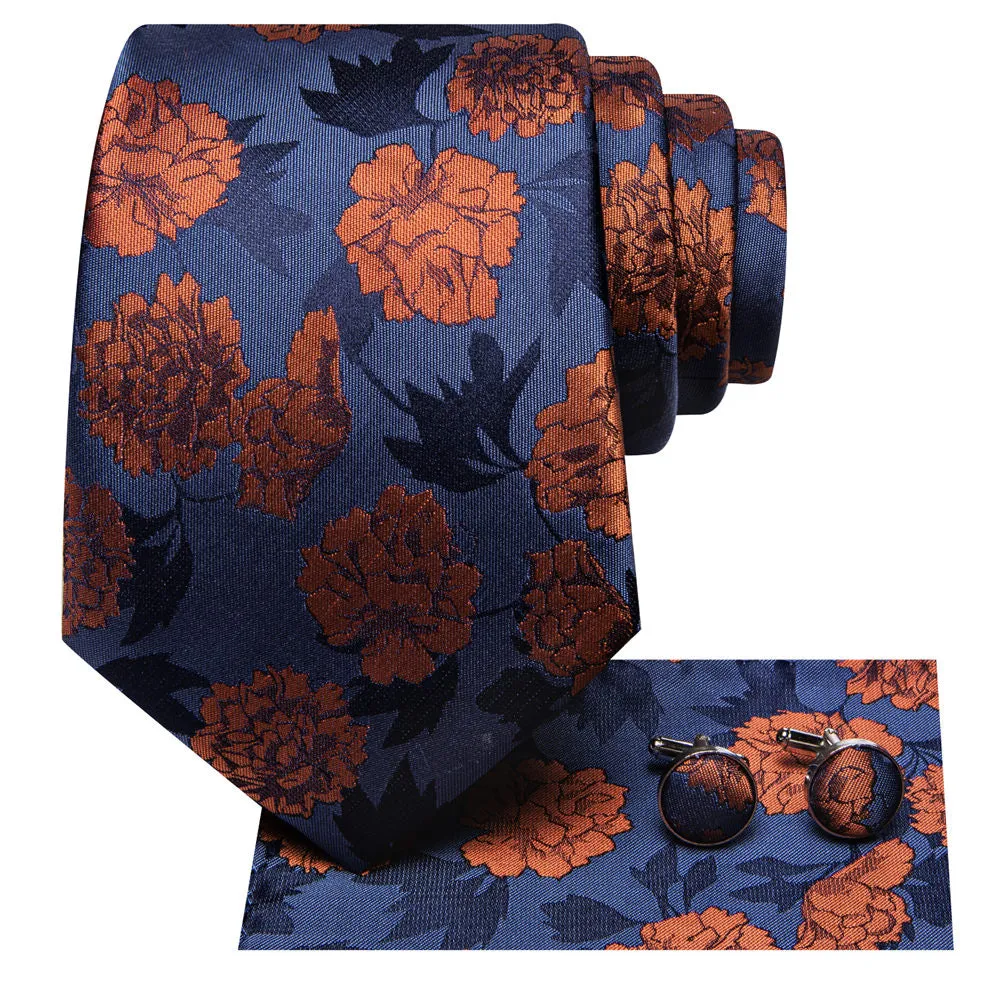 Ties2you Mens Burnt Orange Floral Tie Silk Blue Necktie Hanky Cufflinks Set sold by Ties2You product image thumbnail 2
