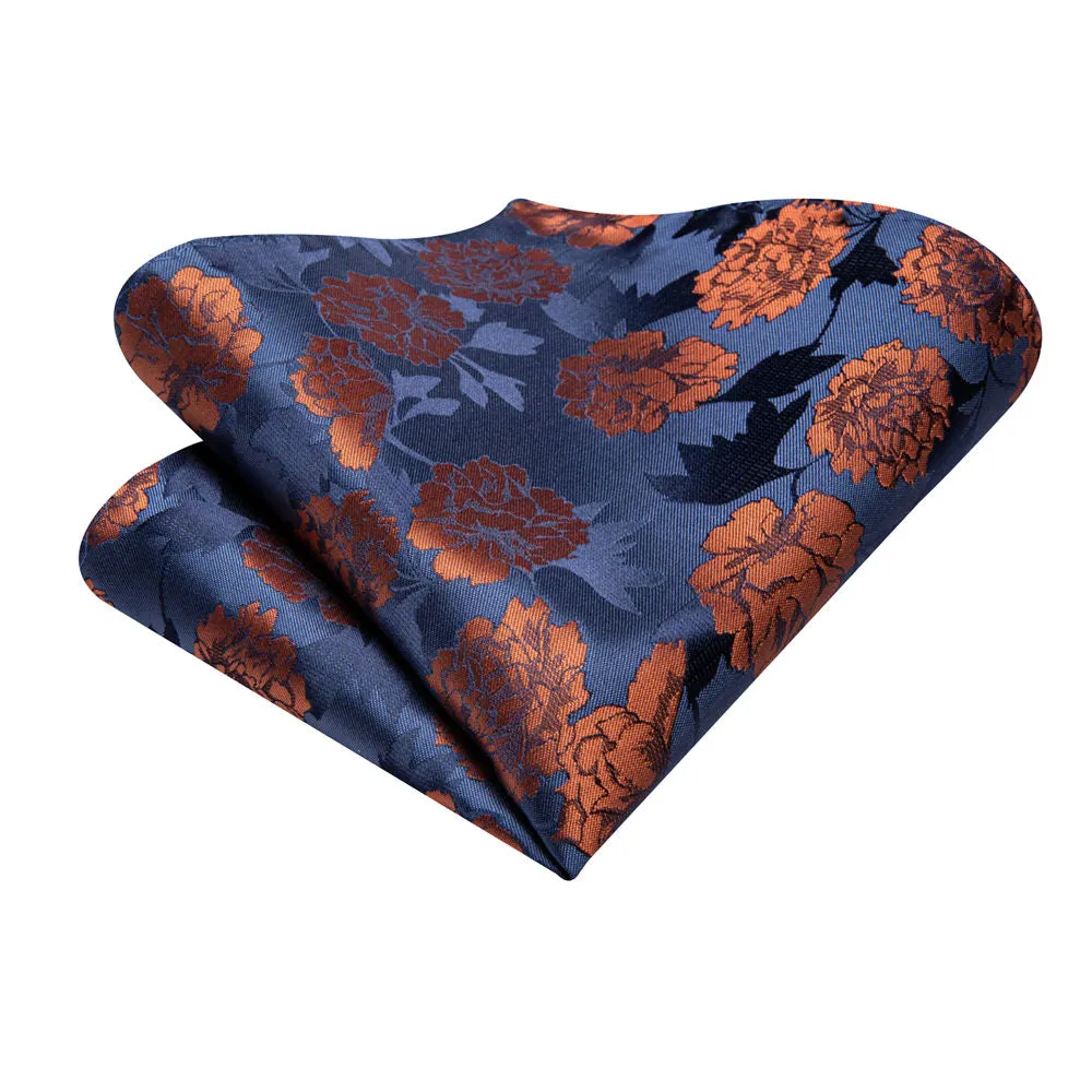 Ties2you Mens Burnt Orange Floral Tie Silk Blue Necktie Hanky Cufflinks Set sold by Ties2You product image thumbnail 3