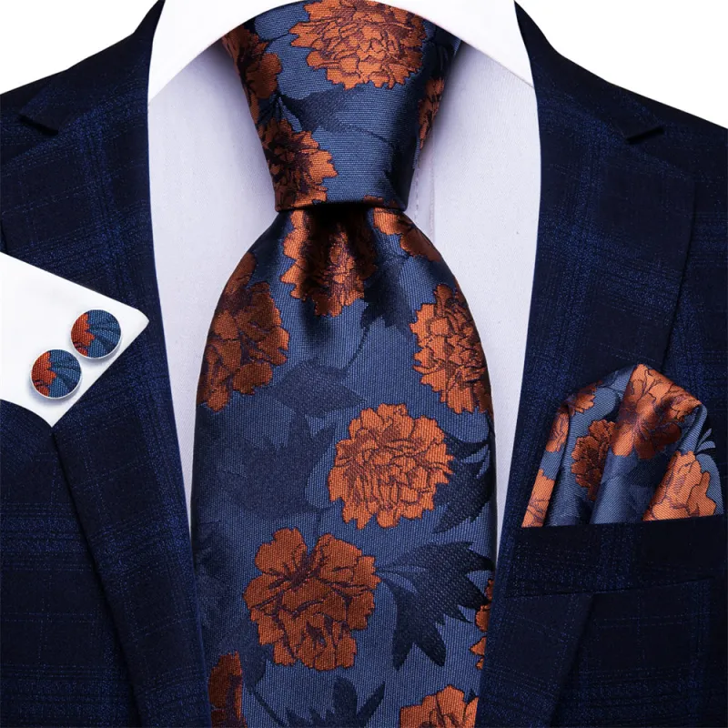 Ties2you Mens Burnt Orange Floral Tie Silk Blue Necktie Hanky Cufflinks Set sold by Ties2You