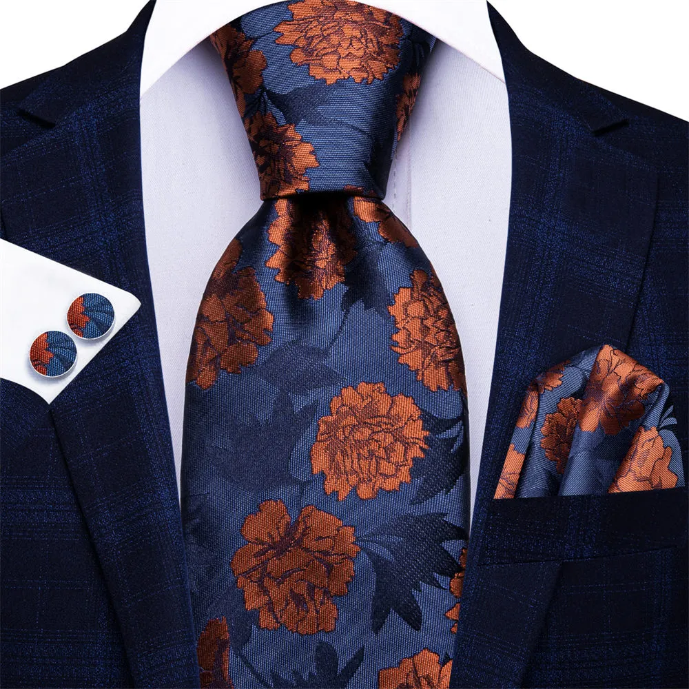 Ties2you Mens Burnt Orange Floral Tie Silk Blue Necktie Hanky Cufflinks Set sold by Ties2You