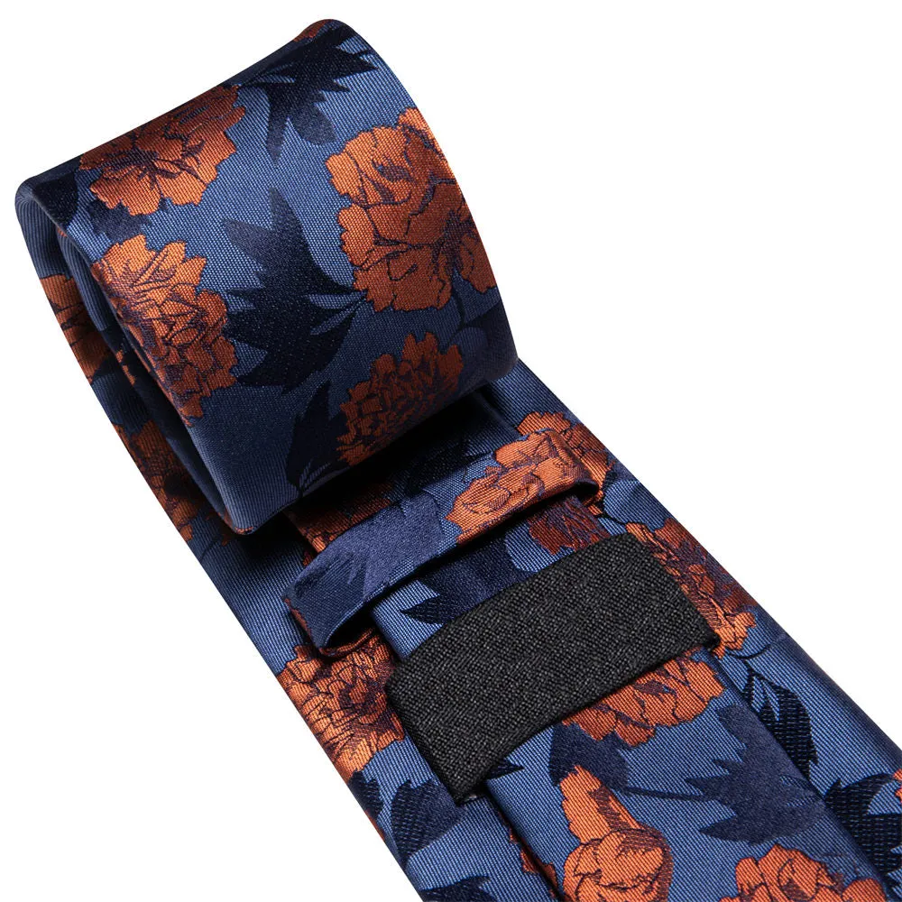 Ties2you Mens Burnt Orange Floral Tie Silk Blue Necktie Hanky Cufflinks Set sold by Ties2You product image thumbnail 5