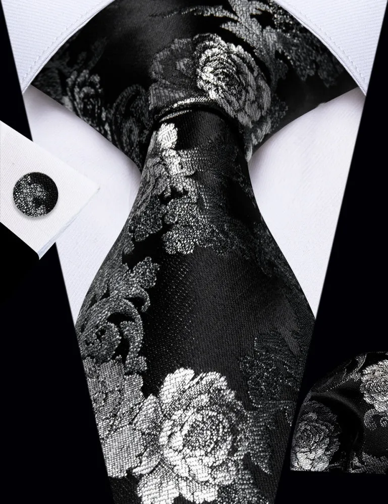Ties2you Black Tie for Men Silver Floral Prom Suit Necktie Pocket Square Cufflinks Set sold by Ties2You product image thumbnail 3