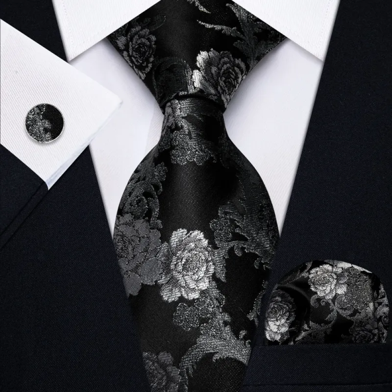 Ties2you Black Tie for Men Silver Floral Prom Suit Necktie Pocket Square Cufflinks Set made by Ties2You