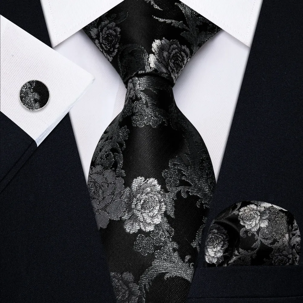 Ties2you Black Tie for Men Silver Floral Prom Suit Necktie Pocket Square Cufflinks Set sold by Ties2You