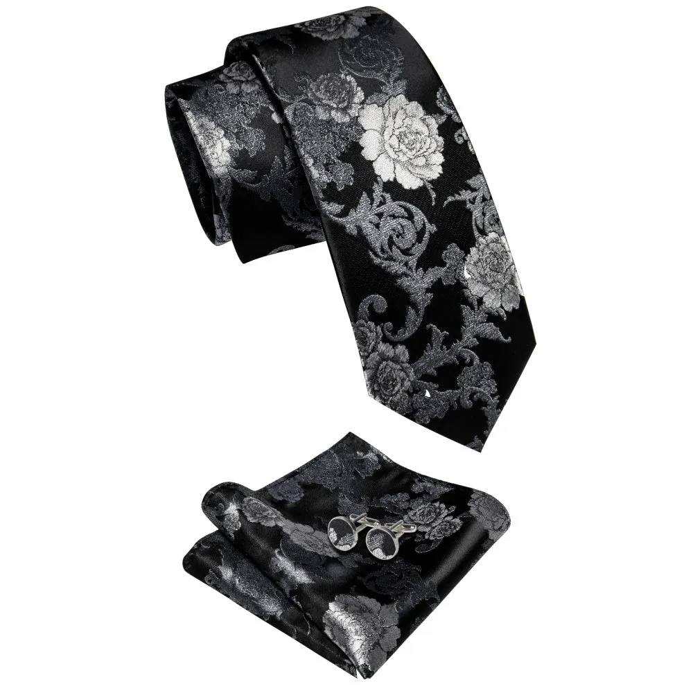 Ties2you Black Tie for Men Silver Floral Prom Suit Necktie Pocket Square Cufflinks Set sold by Ties2You product image thumbnail 4