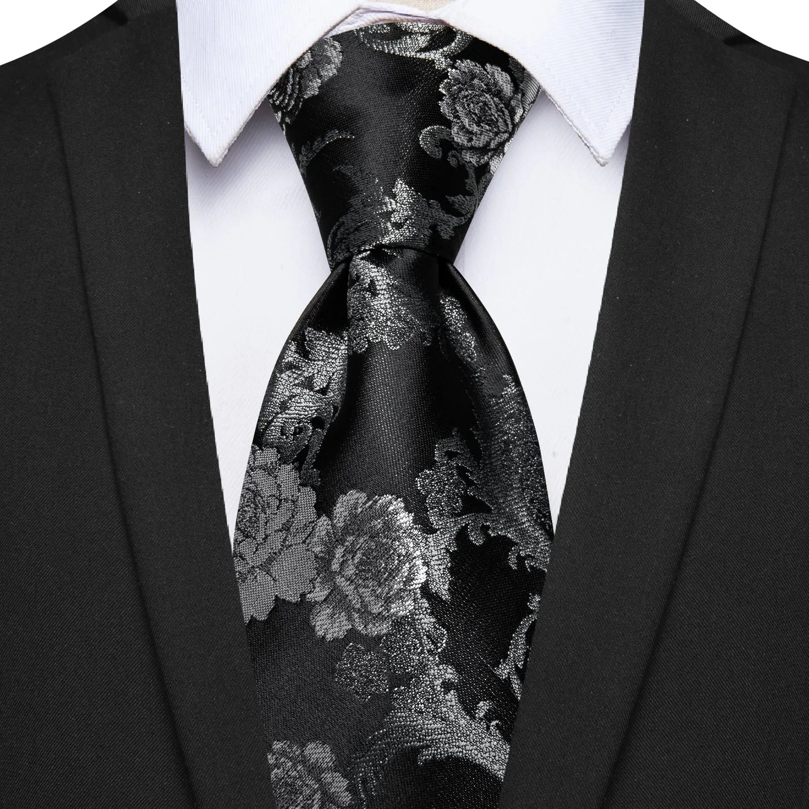 Ties2you Black Tie for Men Silver Floral Prom Suit Necktie Pocket Square Cufflinks Set sold by Ties2You product image thumbnail 2