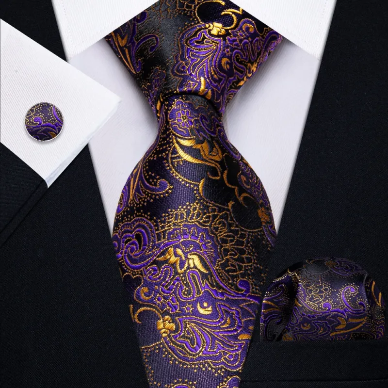 Ties2you Purple Floral Suit Tie Mens Wedding Silk Necktie Hanky Cufflinks Set sold by Ties2You