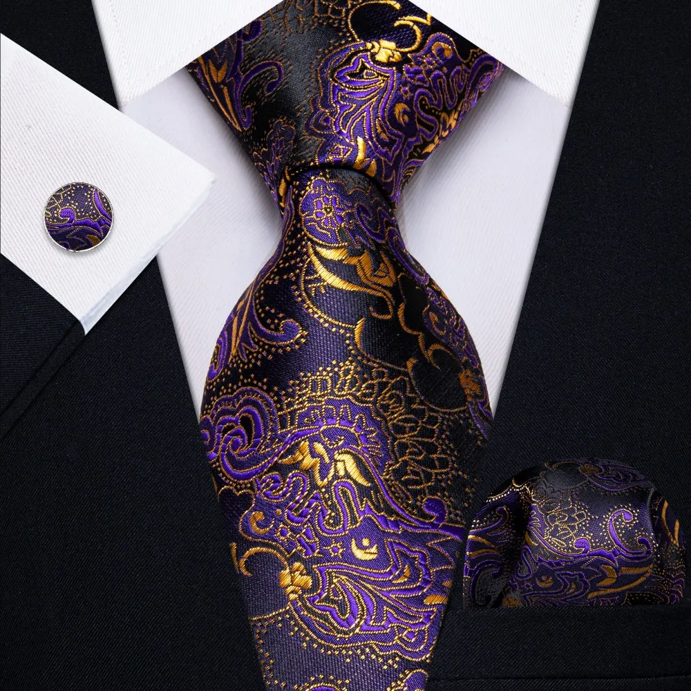Ties2you Purple Floral Suit Tie Mens Wedding Silk Necktie Hanky Cufflinks Set sold by Ties2You