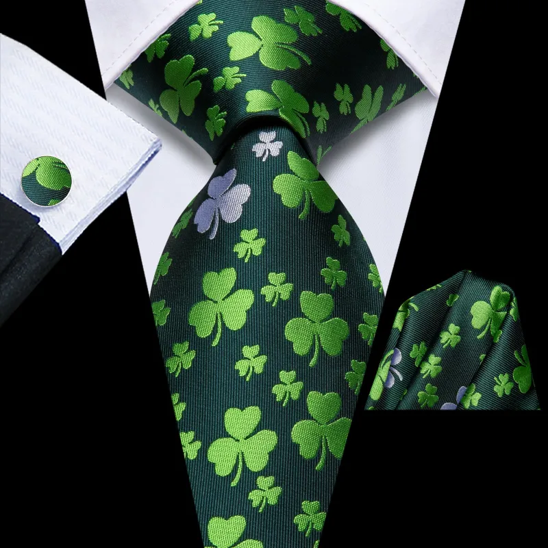 Ties2you Green Shamrock Pattern Necktie Designer Silk Tie Handkercheif Cufflinks Set made by Ties2You