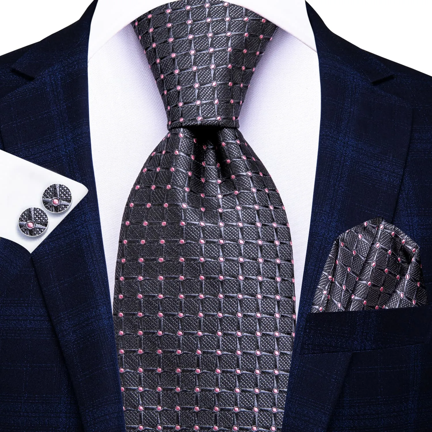 Ties2you Extra Long Tie Grey Pink Plaid 70 Inches Silk Mens Dress Work Tie Set sold by Ties2You product image thumbnail 2