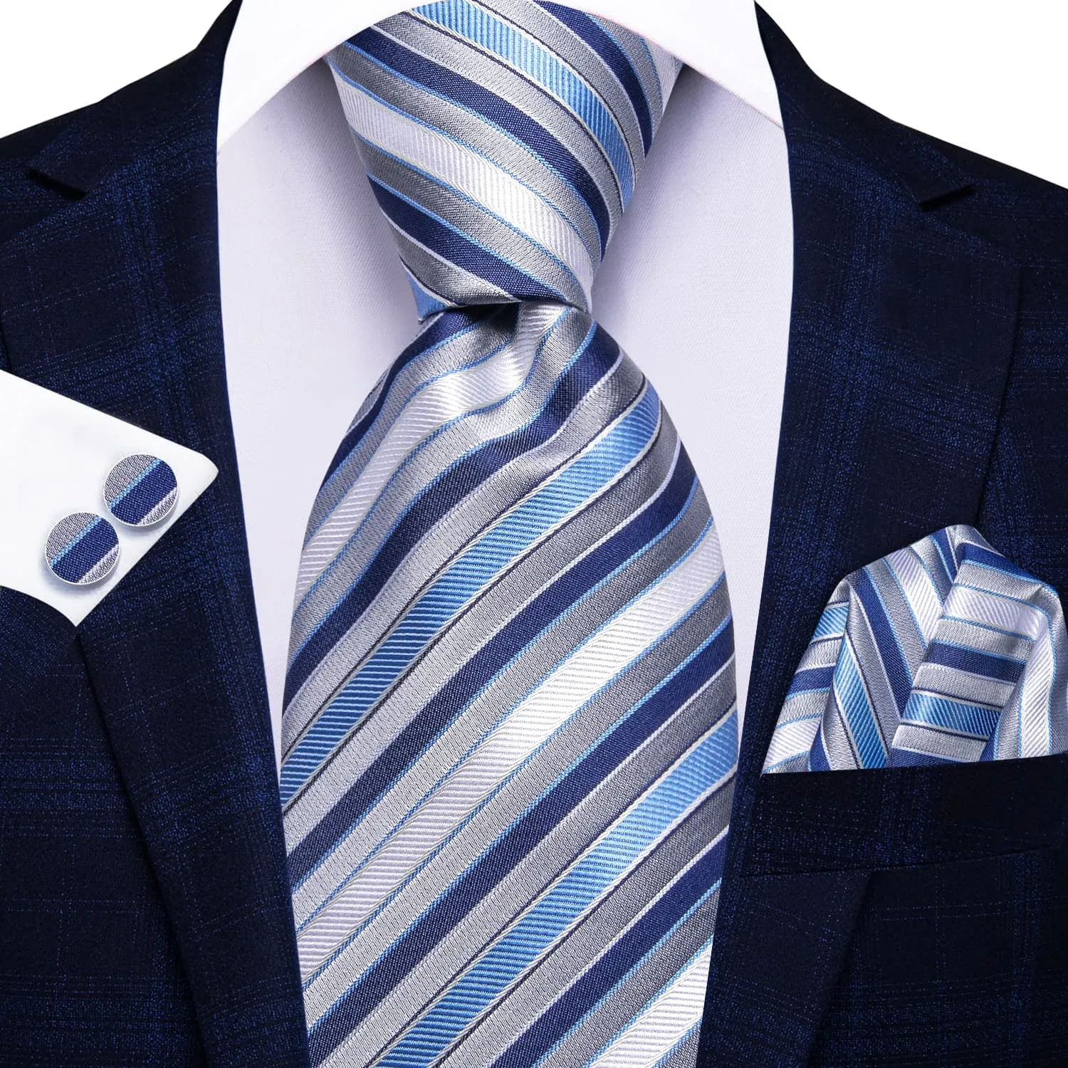 Ties2you Extra Long Tie Blue Grey Striped 70 Inches Silk Mens Dress Tie Set for Formal sold by Ties2You product image thumbnail 2