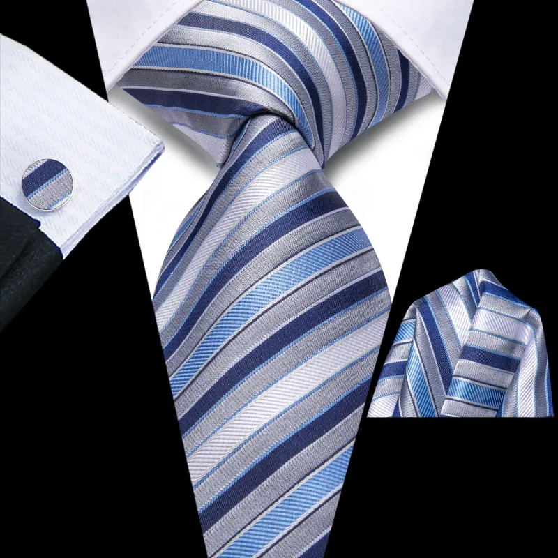 Ties2you Extra Long Tie Blue Grey Striped 70 Inches Silk Mens Dress Tie Set for Formal sold by Ties2You