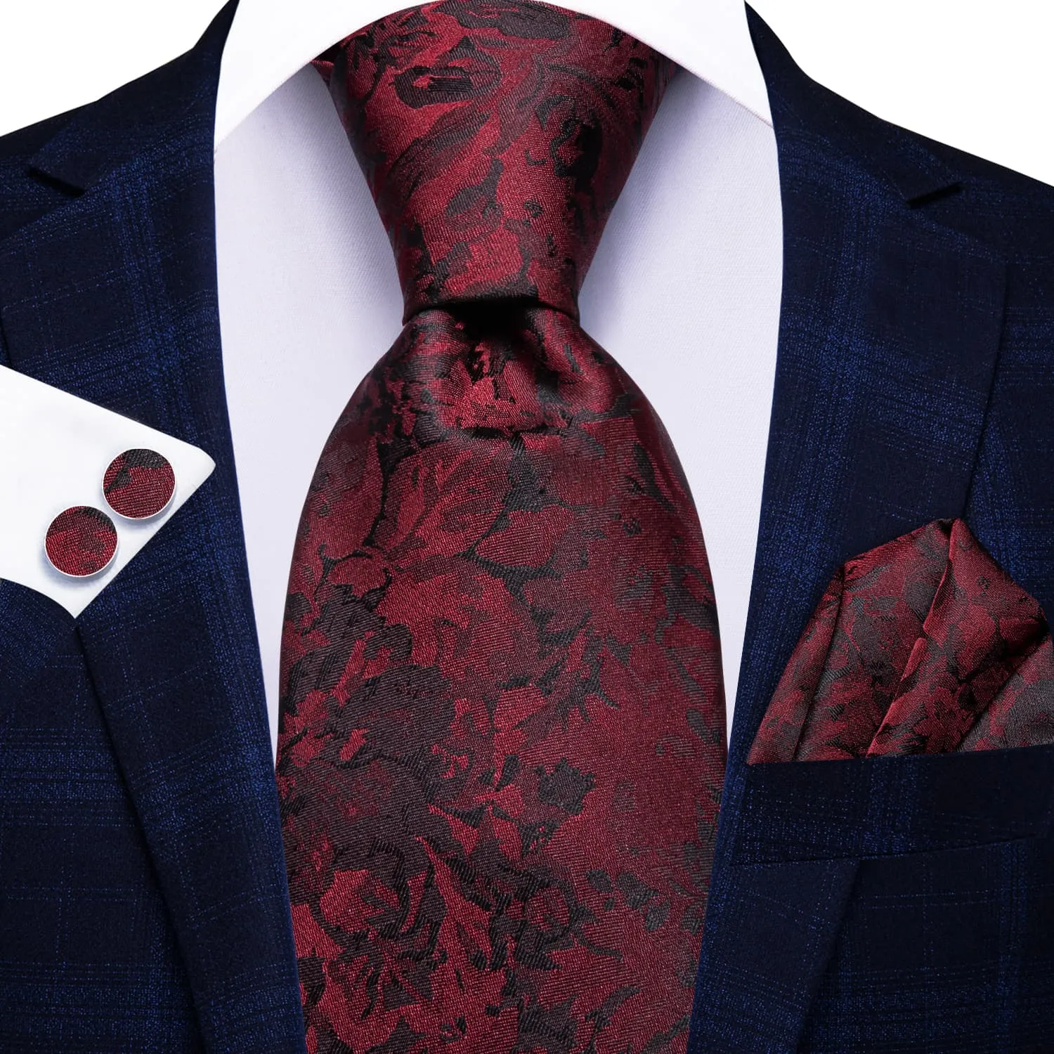 Ties2you Extra Long Tie Dark Red Floral 70 Inches Silk Mens Dress Tie Set for Wedding sold by Ties2You product image thumbnail 2