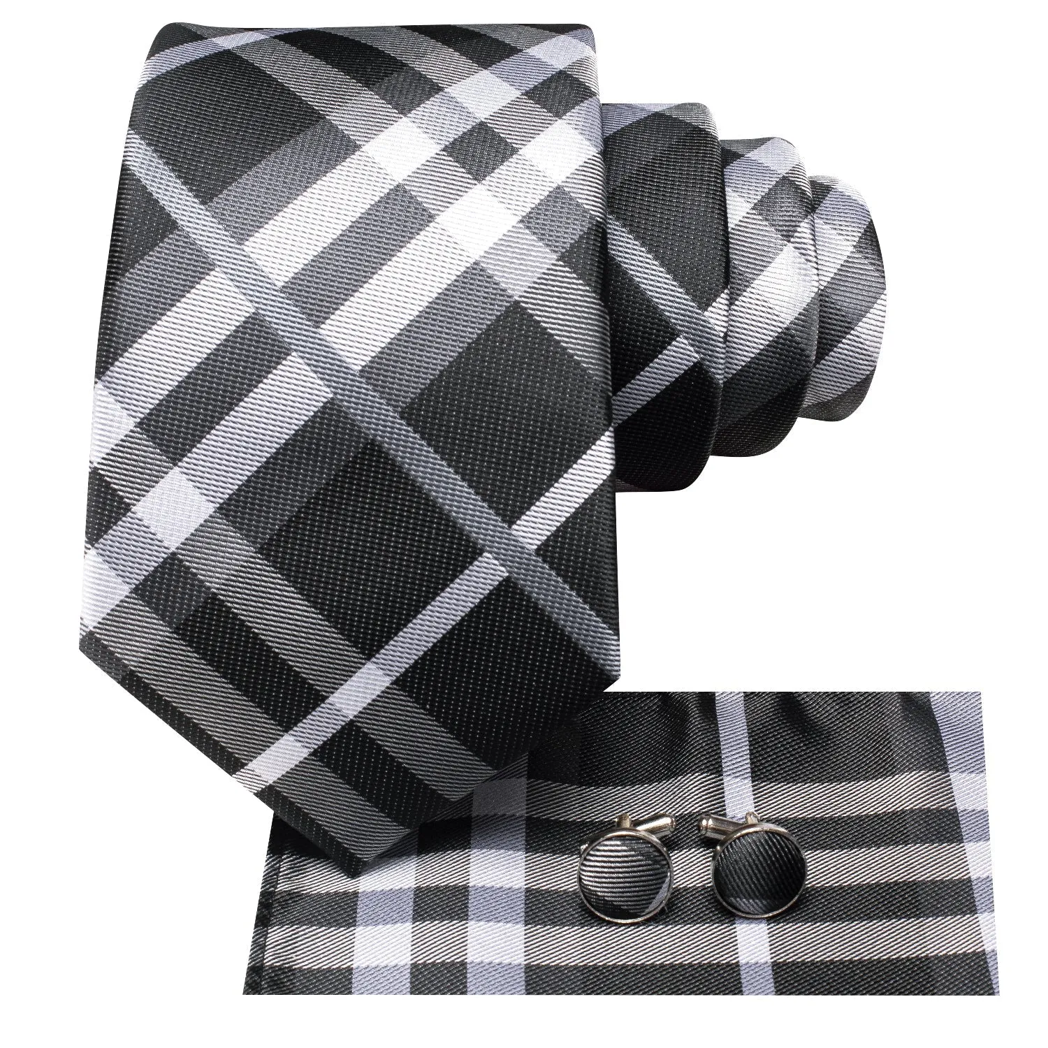 Black Grey White Plaid Men's 70 Inches Extra Length Tie Handkerchief Cufflinks Set sold by Ties2You product image thumbnail 3
