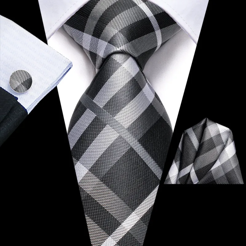 Black Grey White Plaid Men's 70 Inches Extra Length Tie Handkerchief Cufflinks Set sold by Ties2You