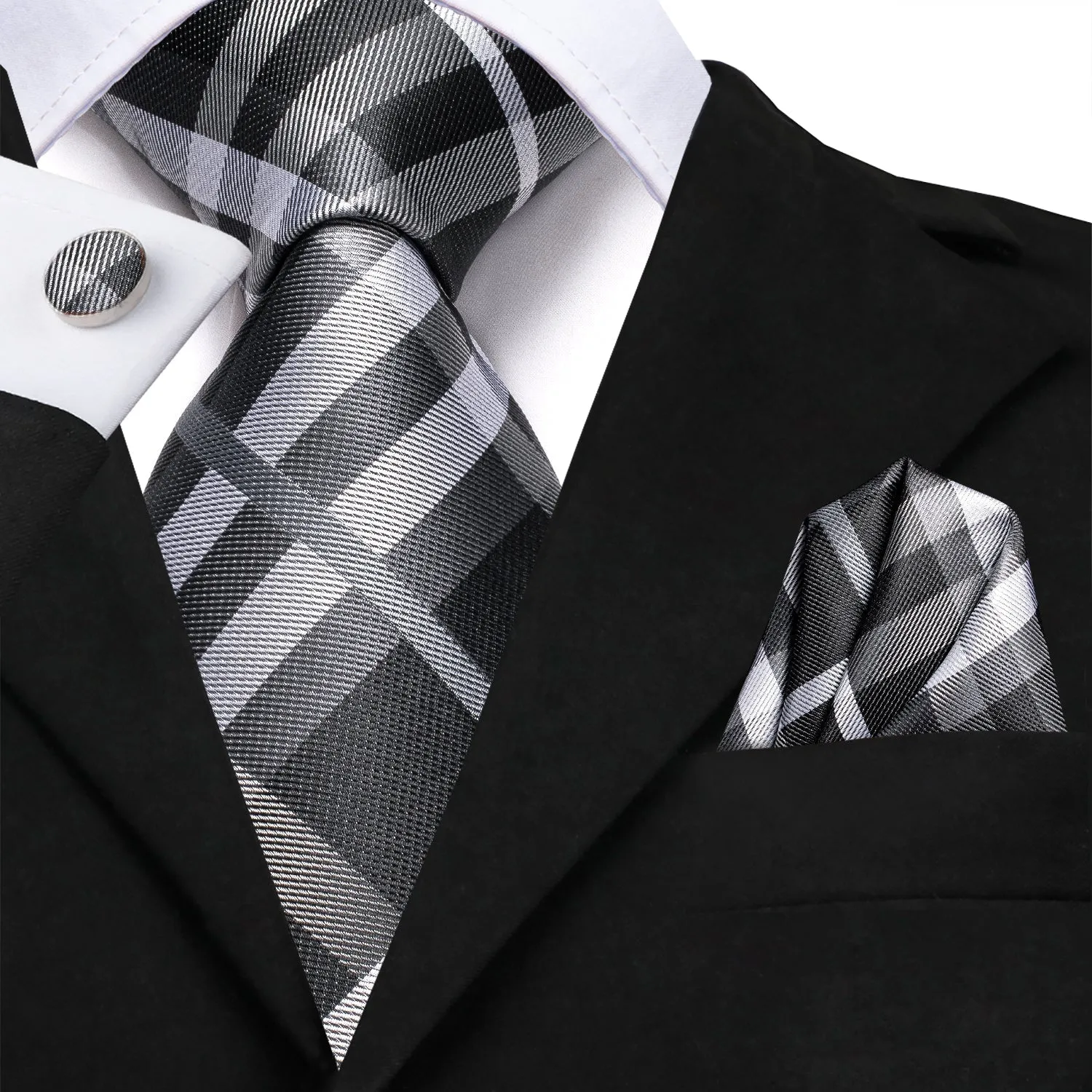 Black Grey White Plaid Men's 70 Inches Extra Length Tie Handkerchief Cufflinks Set sold by Ties2You product image thumbnail 2