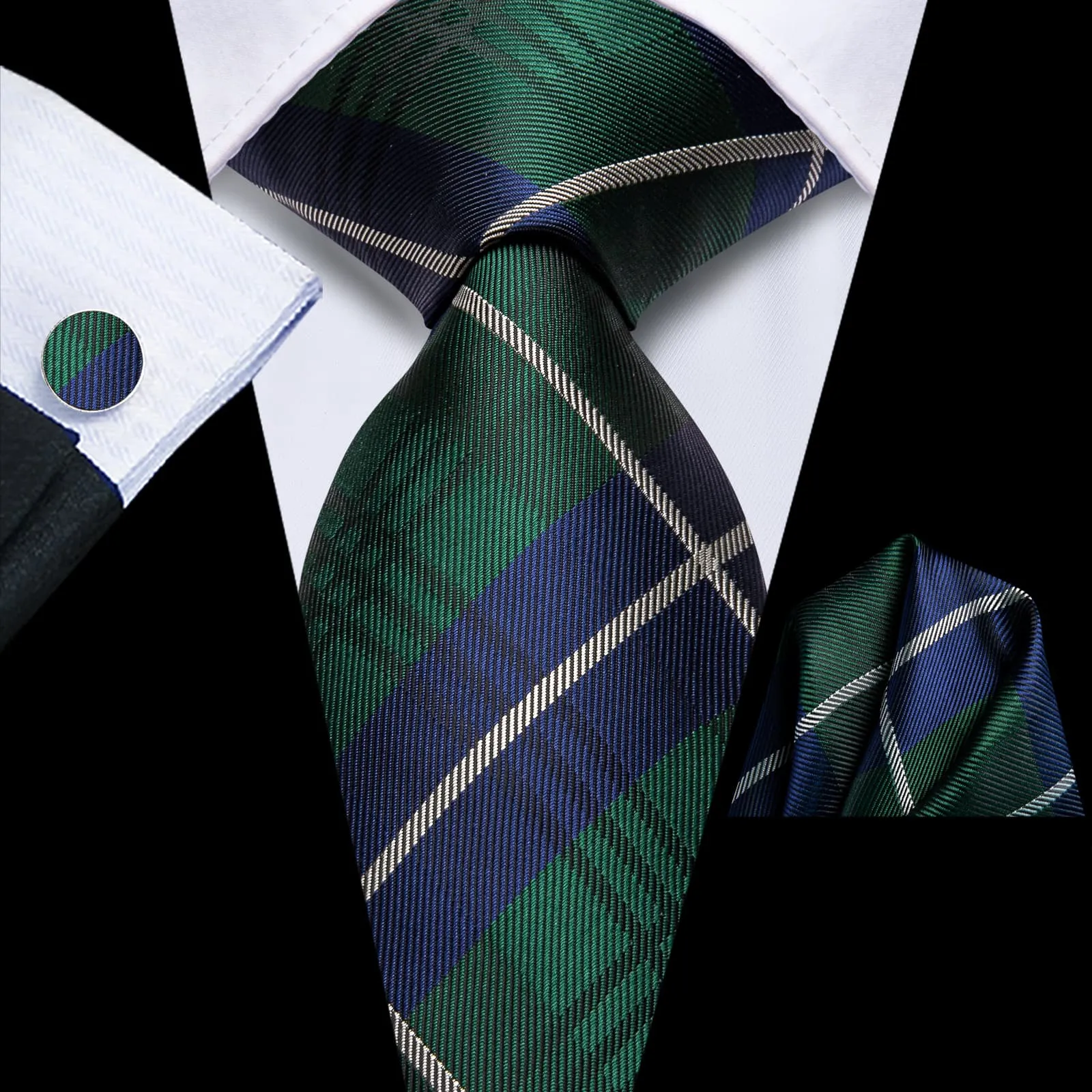 Ties2you Silk Tie Deep Green Blue Plaid Mens Formal Tie Pocket Square Cufflinks Set sold by Ties2You