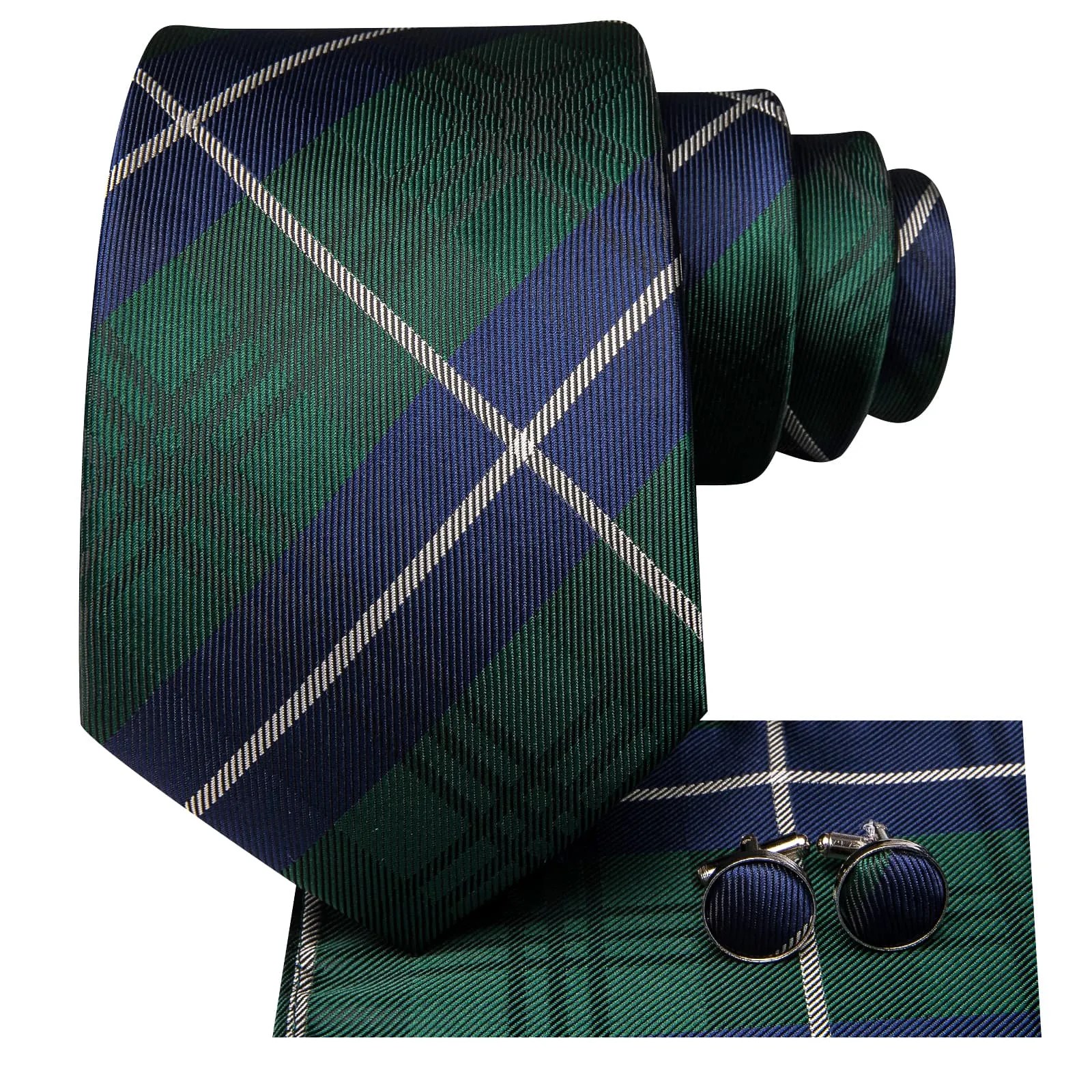 Ties2you Silk Tie Deep Green Blue Plaid Mens Formal Tie Pocket Square Cufflinks Set sold by Ties2You product image thumbnail 3