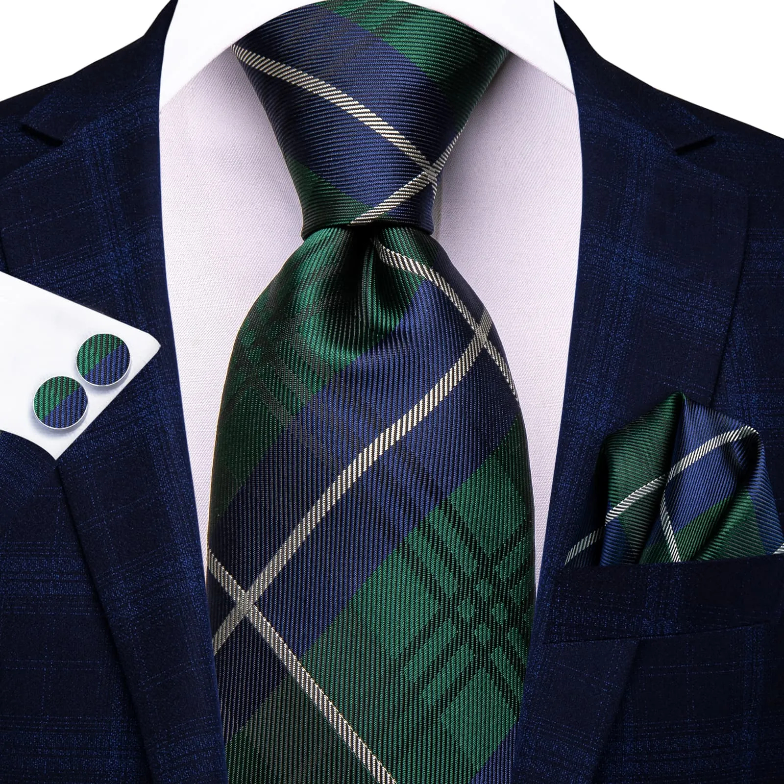 Ties2you Silk Tie Deep Green Blue Plaid Mens Formal Tie Pocket Square Cufflinks Set sold by Ties2You product image thumbnail 2