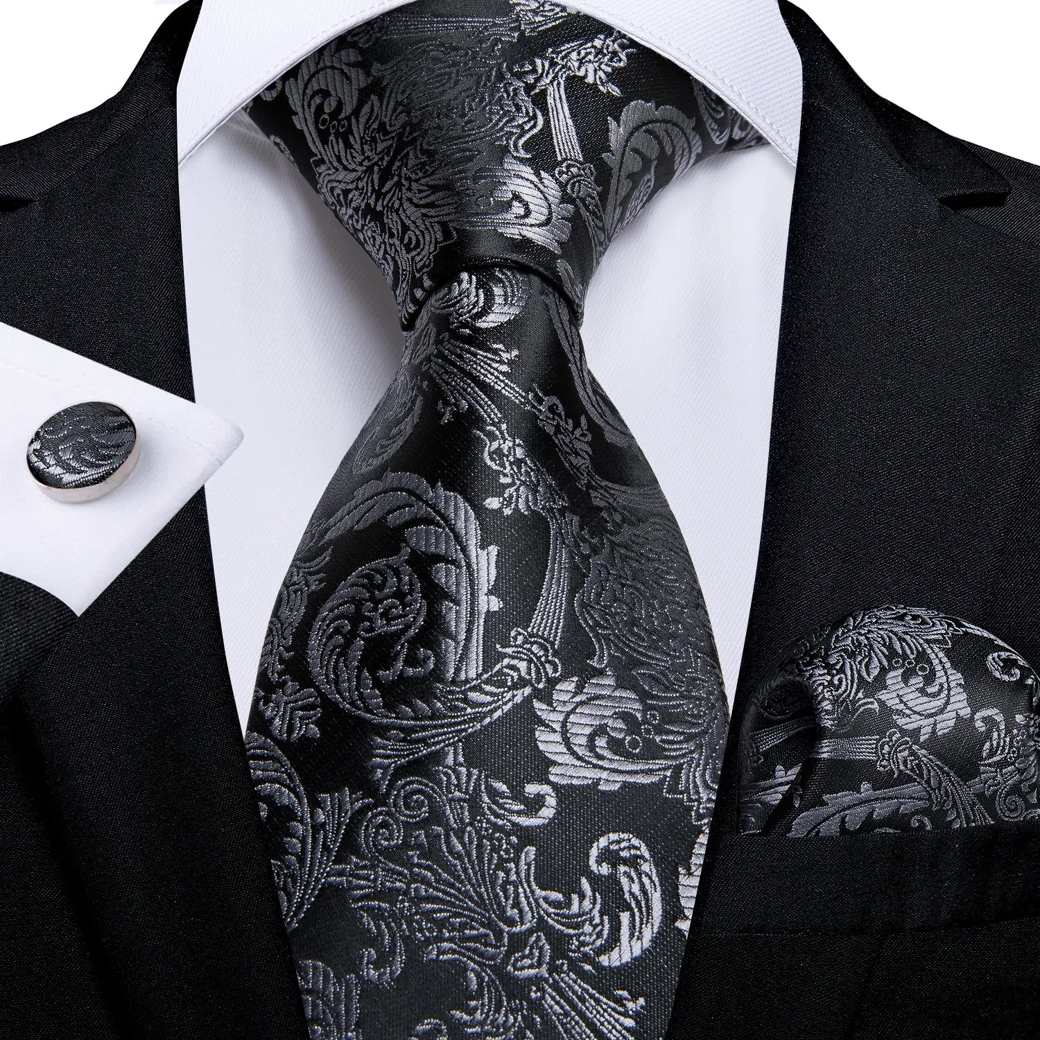 Ties2you Silk Tie Black Grey Floral Tie Pocket Square Cufflinks Set Beautiful sold by Ties2You