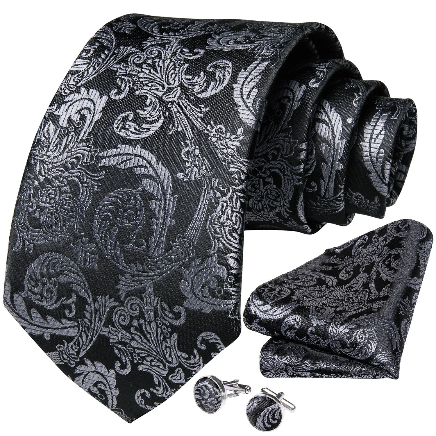 Ties2you Silk Tie Black Grey Floral Tie Pocket Square Cufflinks Set Beautiful sold by Ties2You product image thumbnail 2