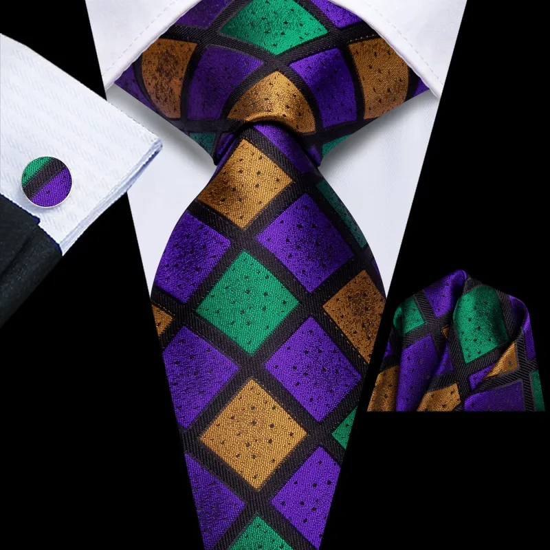Ties2you Plaid Silk Tie Purple Green Gold Mens Formal Business Tie Hanky Cufflinks Set made by Ties2You