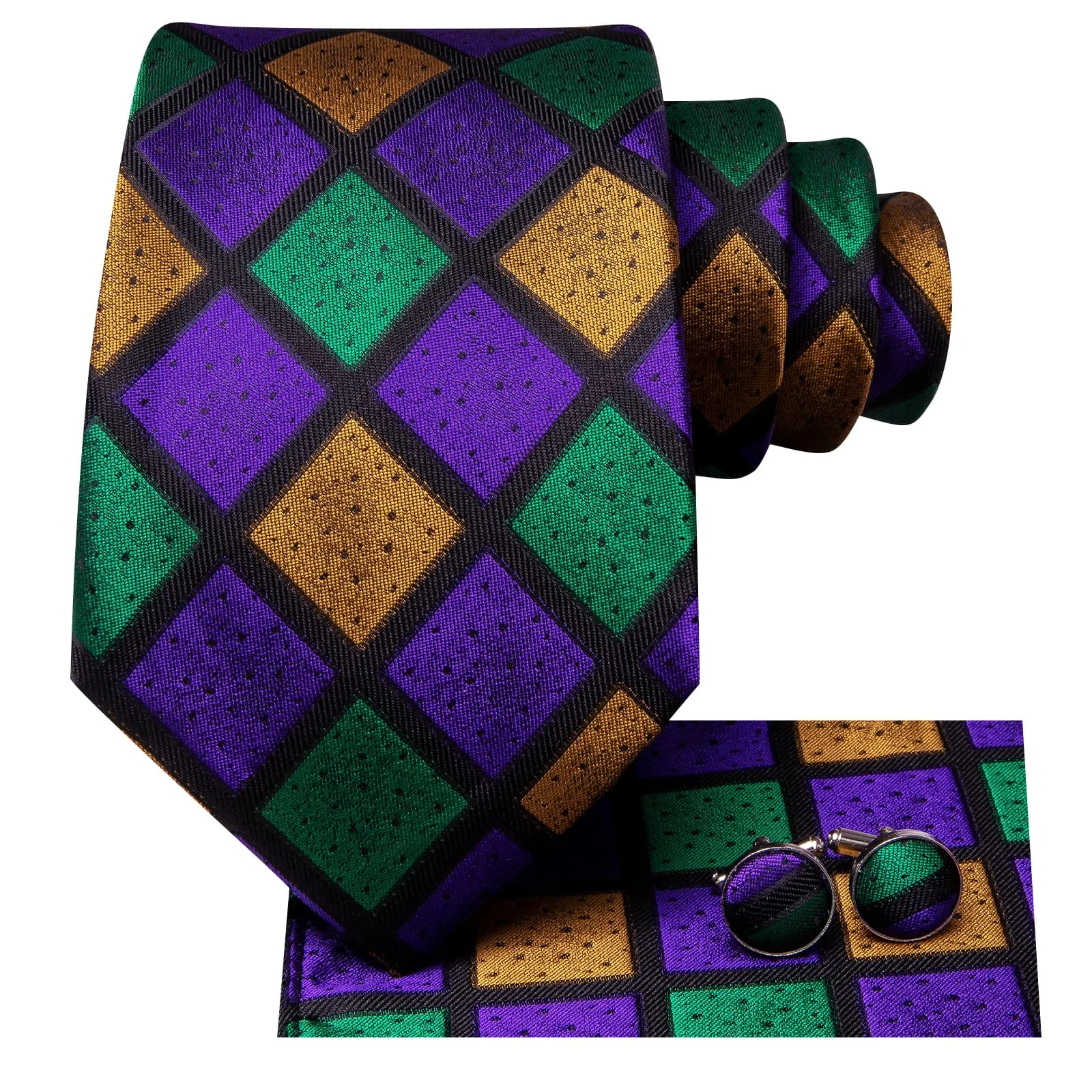 Ties2you Plaid Silk Tie Purple Green Gold Mens Formal Business Tie Hanky Cufflinks Set sold by Ties2You product image thumbnail 3
